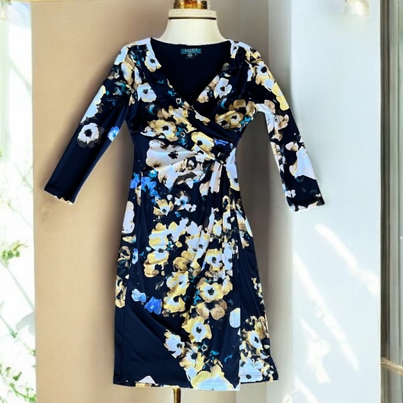 Ralph Lauren Black Yellow multi Floral Ruched Faux Wrap Dress V Neck Size 2 - Picture 3 of 17